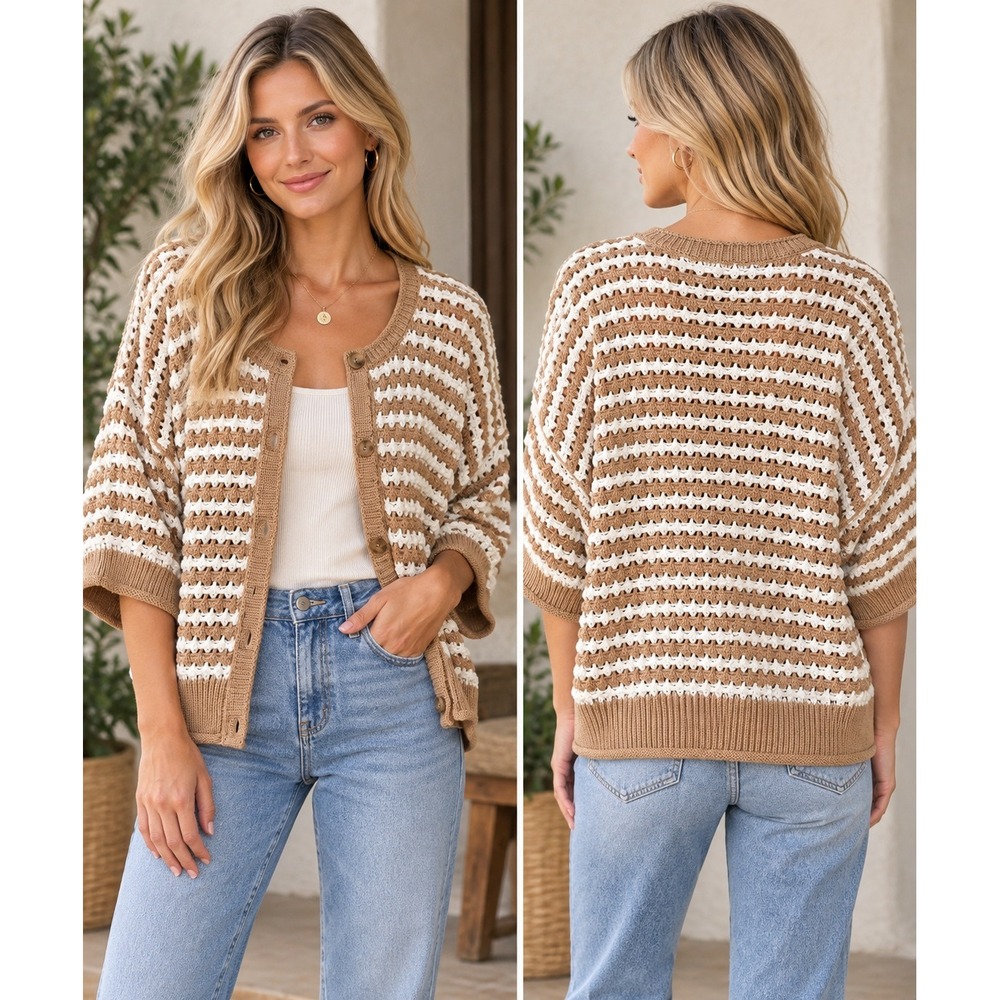 Blu Pepper Cardigan Women L Crochet Knit Striped Dolman Sleeve Boho NWT